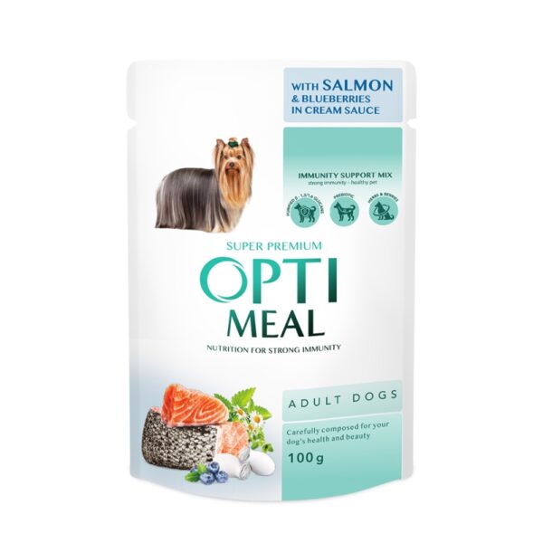 OPTIMEAL - Сomplete сanned pet food for adult dogs with salmon and blueberry in cream sauce 100g
