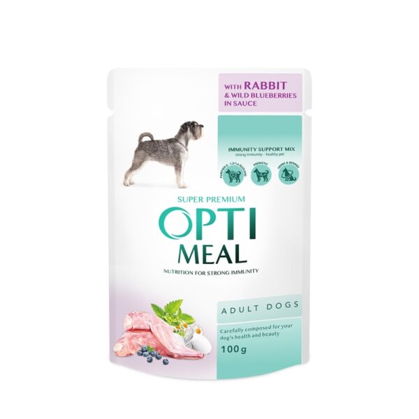 OPTIMEAL - Сomplete сanned pet food for adult dogs with rabbit and wild blueberries in sauce 100g