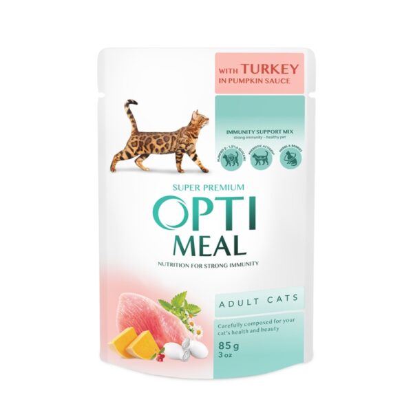 OPTIMEAL -  Сomplete сanned pet food for adult cats with turkey in pumpkin sauce 85g