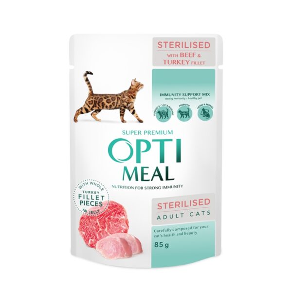 OPTIMEAL -   Сomplete сanned pet food for sterilised cats with beef and turkey fillet in jelly 85g