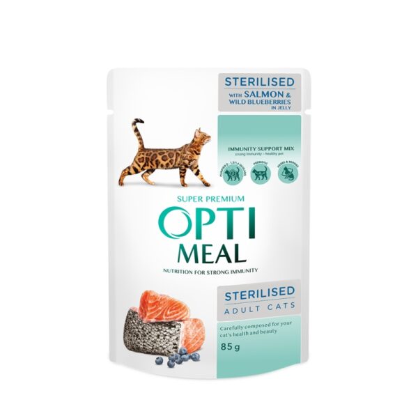 OPTIMEAL - Complete canned pet food for sterilised cats with salmon and wild blueberries in jelly 85g